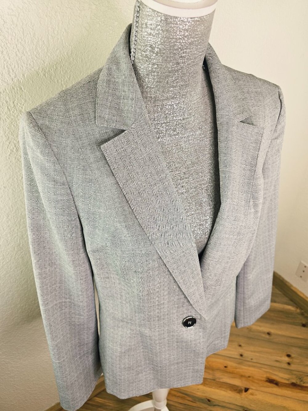 LE Suit Gray Waffle Tweed Print Blazer Size 12